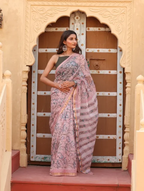 Soft Pink Kota Doria Saree – Lightweight, Elegant & Traditional Grace