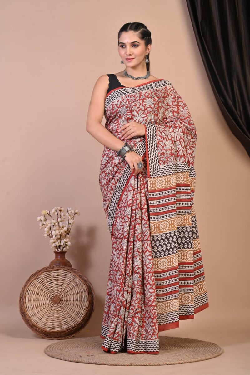 Rustic Red and Beige Handblock Printed Cotton Saree with Ethnic Charm