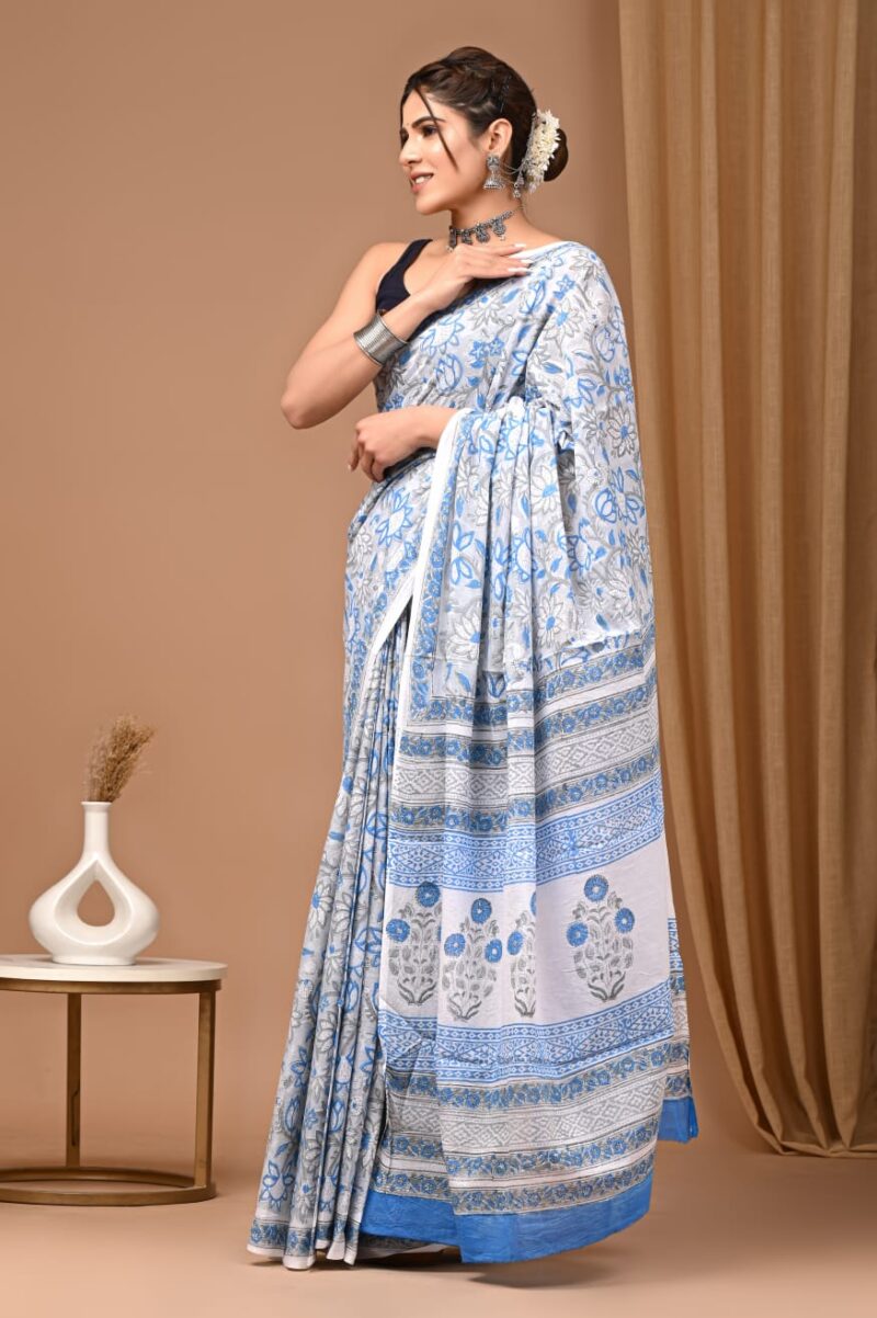 Serene White and Blue Handblock Printed Cotton Saree with Floral Elegance