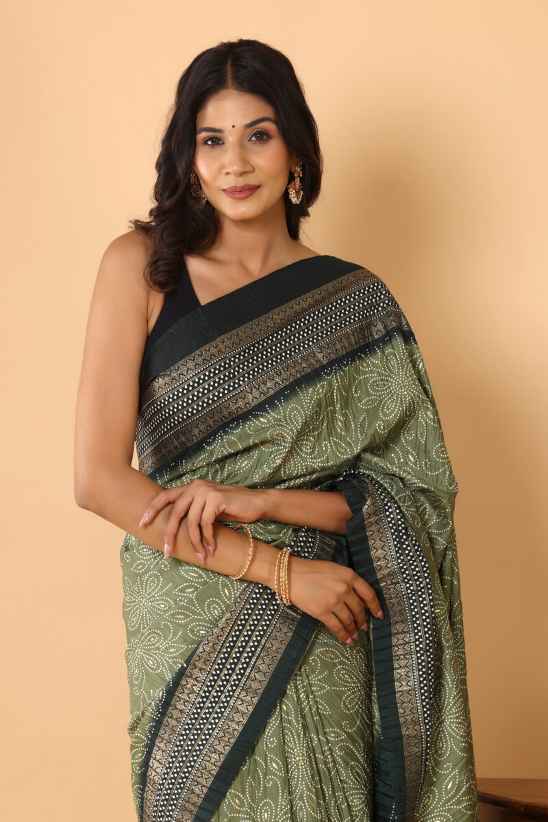 Elegant Olive Green Dola Silk Saree with Zari - Image 5
