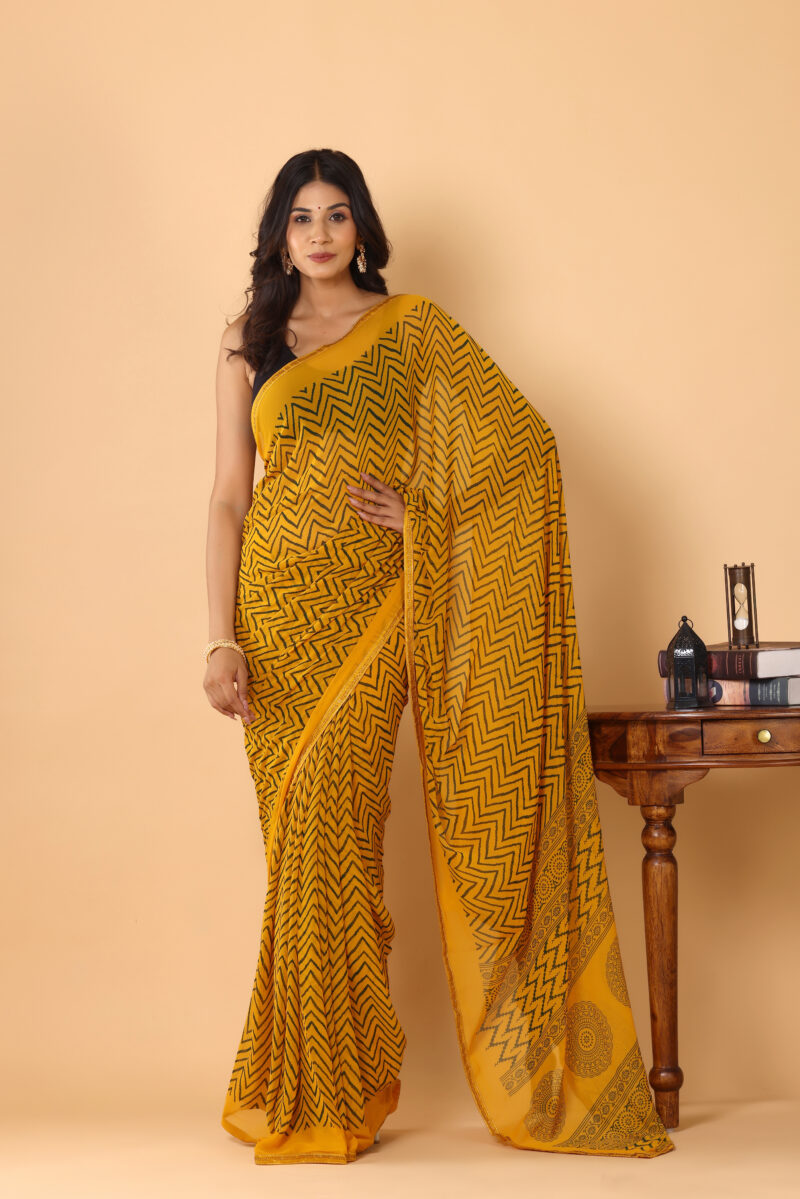 Yellow Zigzag Printed Weightless Malmal Saree for Women