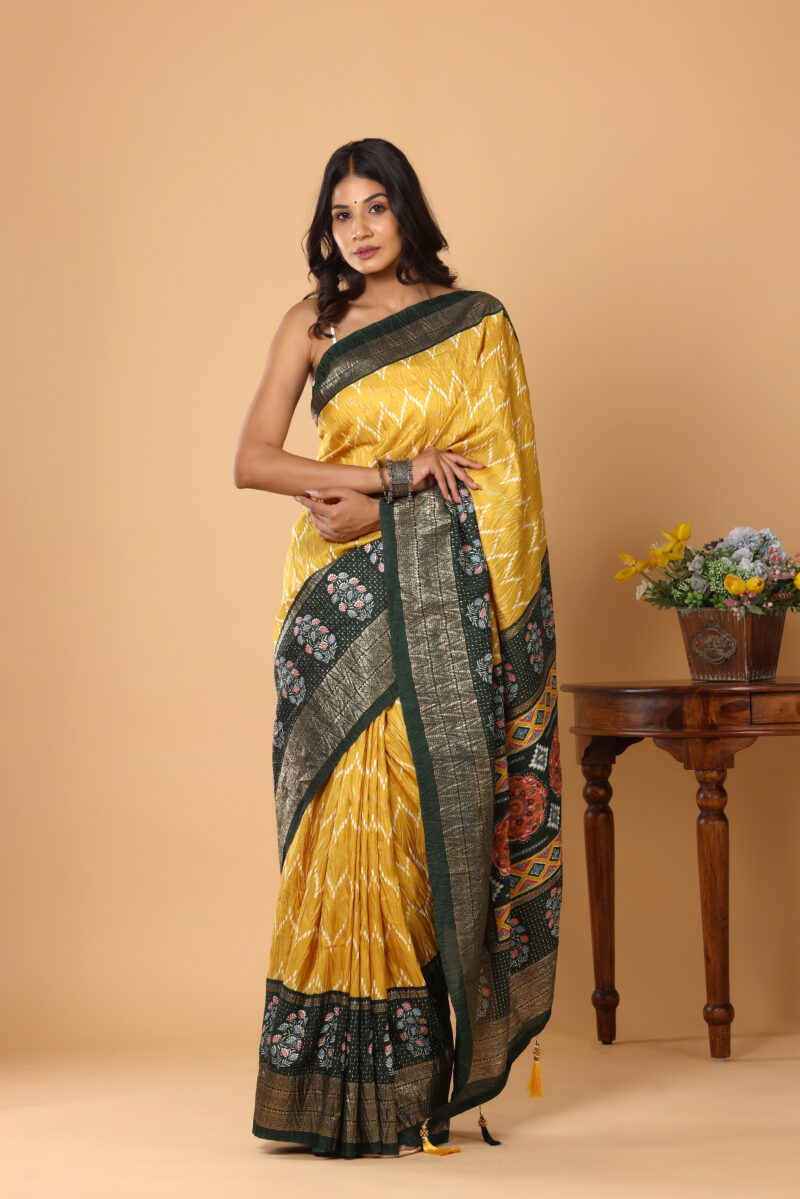 Radiant Yellow Dola Silk Saree with Zari Border - Image 3