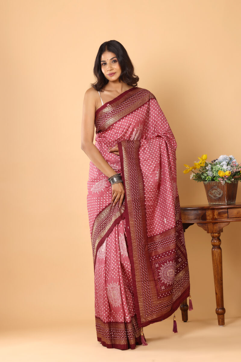 Elegant Rani Pink Dola Silk Saree with Antique Zari Detailing