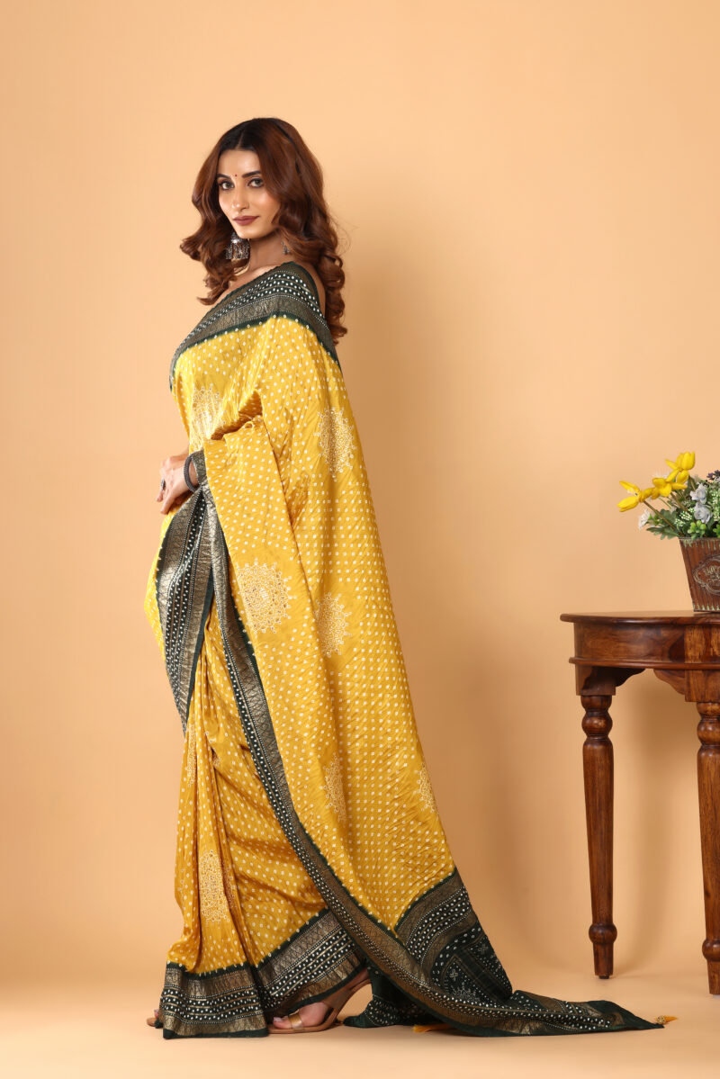 Sunshine Yellow Dola Silk Saree with Patola-Inspired Border & Pallu - Image 3
