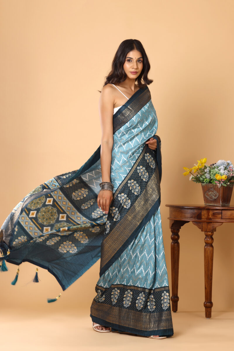 Teal Blue Dola Silk Saree with Zari Butta and Patola-Style Border - Image 2