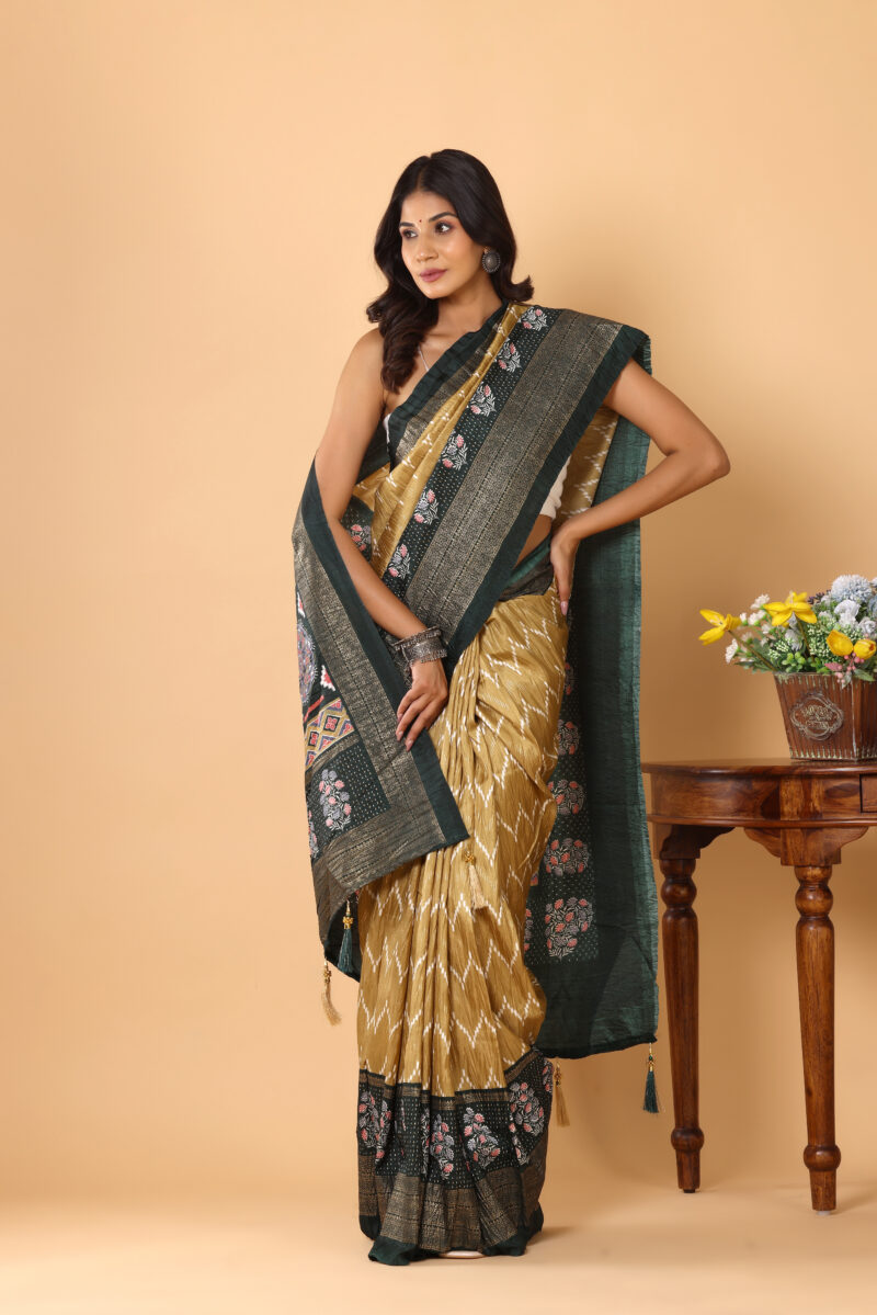 Elegant Mustard-Green Dola Silk Saree with Zari
