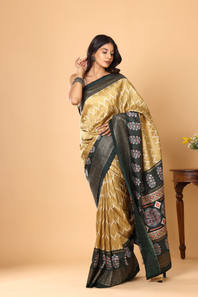 Elegant Mustard-Green Dola Silk Saree with Zari - Image 4
