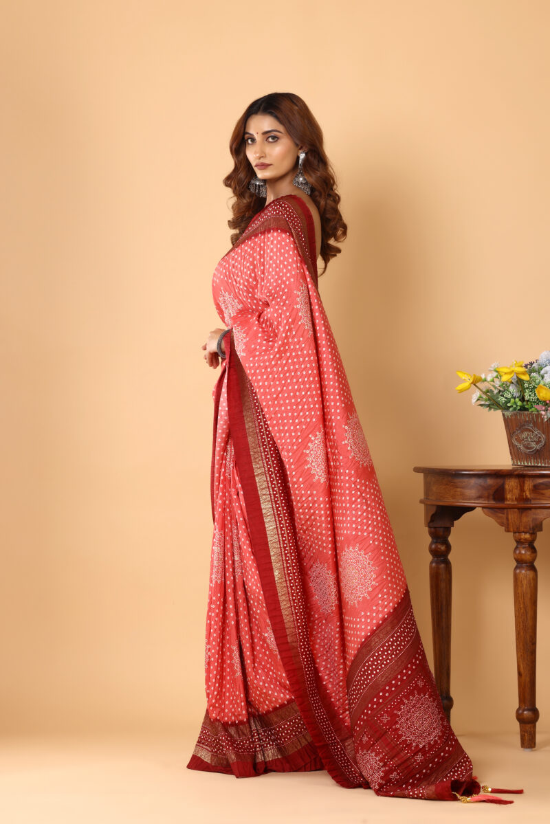 Radiant Red Bandhani Dola Silk Saree Elegance - Image 3