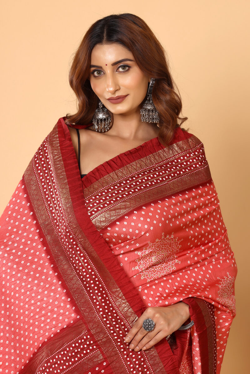 Radiant Red Bandhani Dola Silk Saree Elegance - Image 4