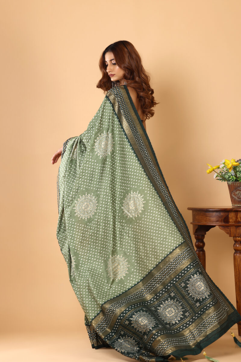 Elegant Olive Green Bandhani Dola Silk Saree - Image 3
