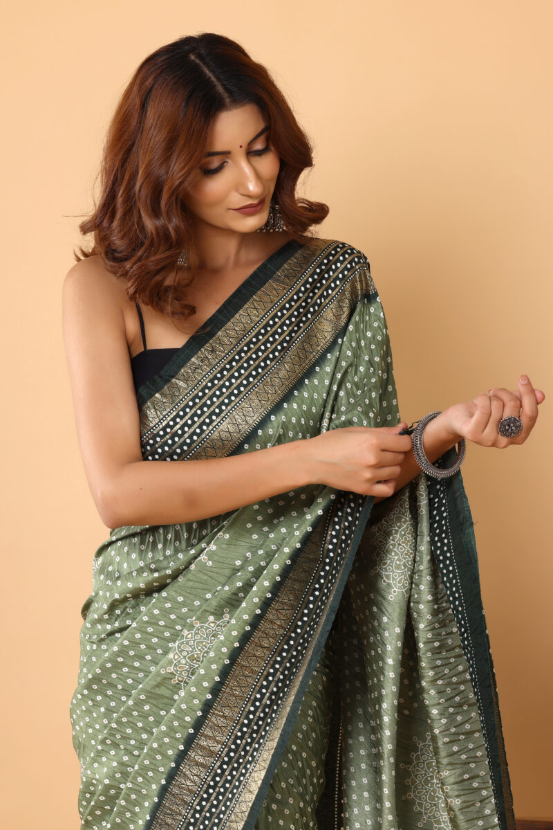 Elegant Olive Green Bandhani Dola Silk Saree - Image 4