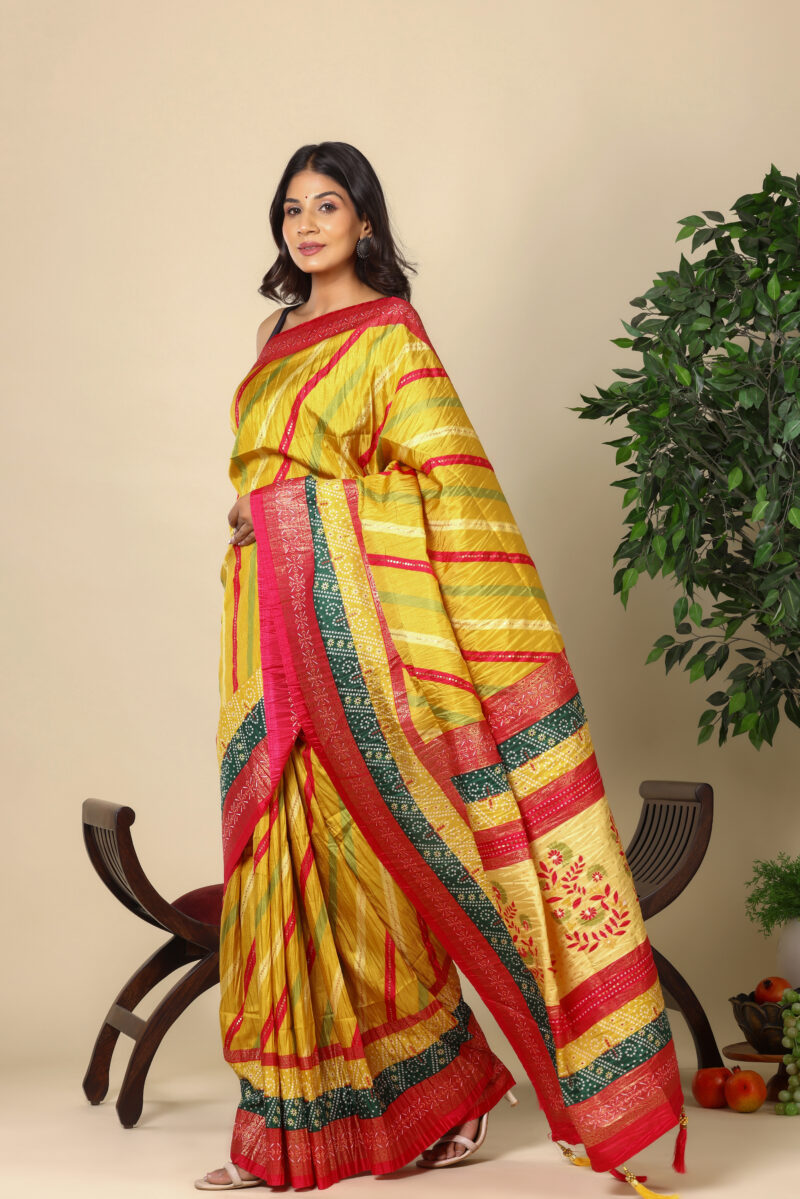 Radiant Yellow Dola Silk Saree With Contrast Border