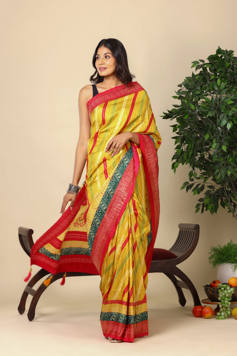 Radiant Yellow Dola Silk Saree With Contrast Border - Image 3