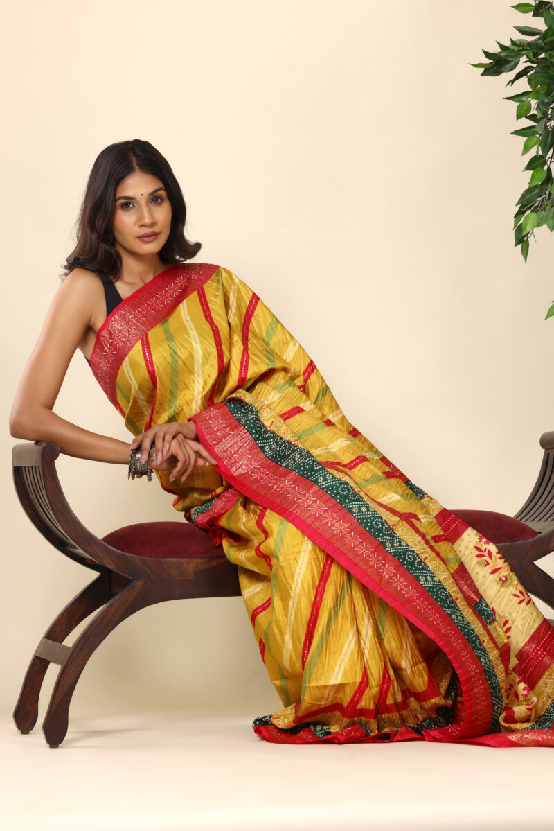 Radiant Yellow Dola Silk Saree With Contrast Border - Image 4