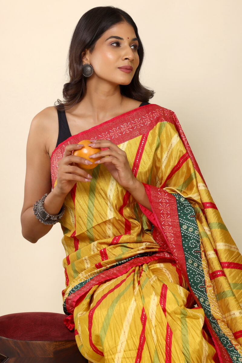 Radiant Yellow Dola Silk Saree With Contrast Border - Image 5