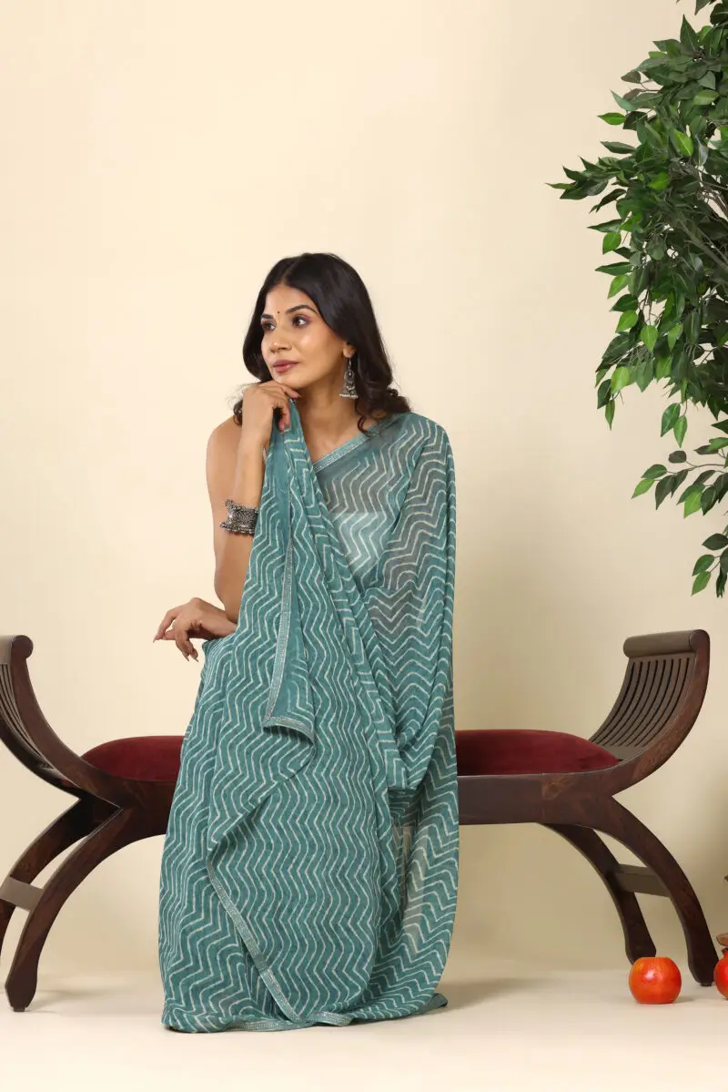 Aqua Blue Weightless Malmal Saree With Chevron Print - Image 3